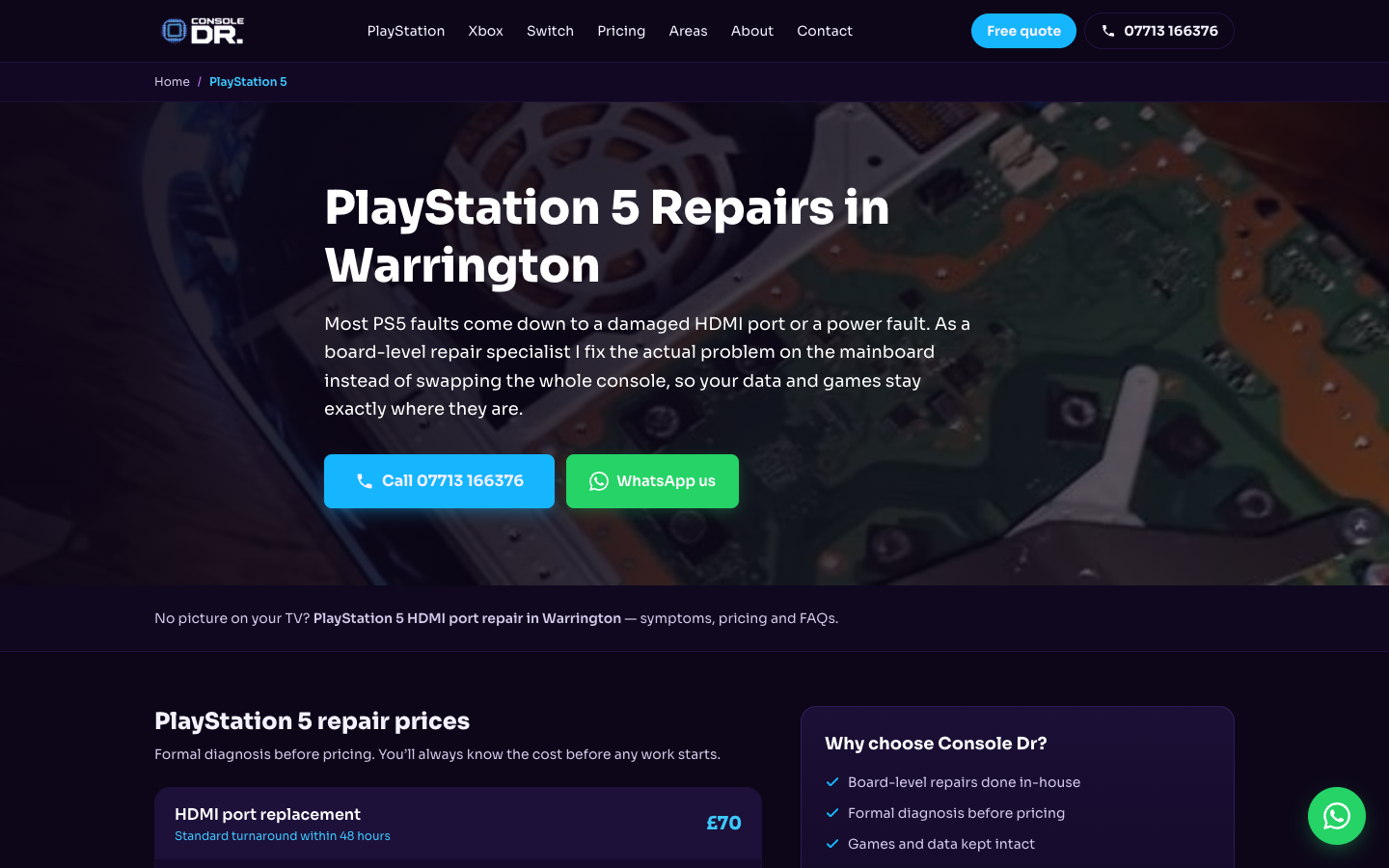 PlayStation 5 repairs service page on theconsoledr.co.uk
