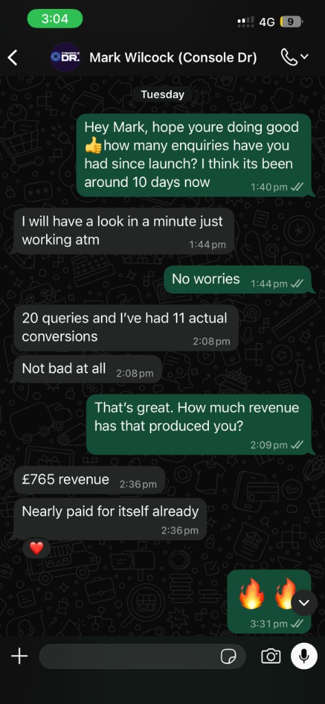 WhatsApp from Mark at Console Dr: 20 repair enquiries, 11 conversions, and £765 revenue in about 10 days after website launch