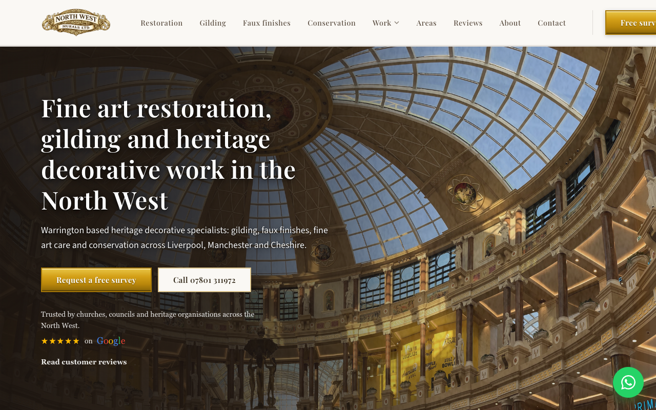 North West Murals website homepage: fine art restoration, gilding and heritage decorative work in the North West