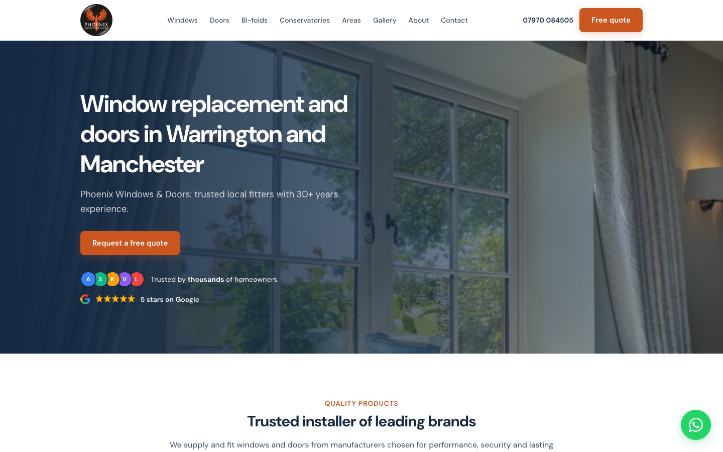 Phoenix Windows and Doors website desktop view, warringtondoubleglazing.co.uk