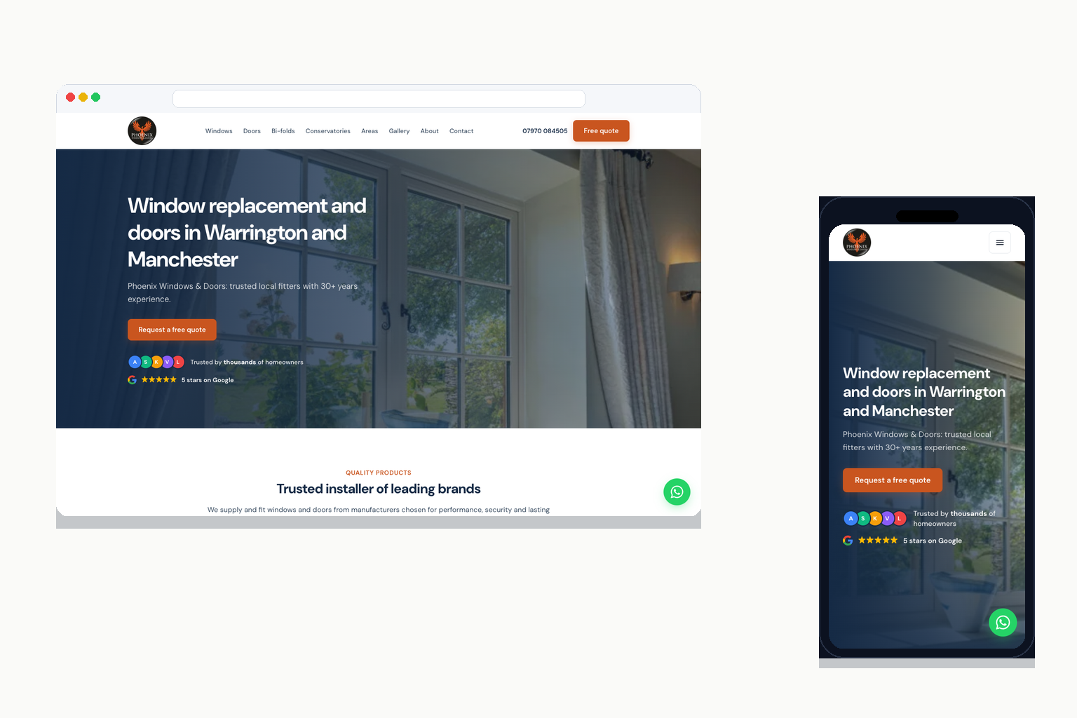 Phoenix Windows and Doors website on desktop and mobile, warringtondoubleglazing.co.uk