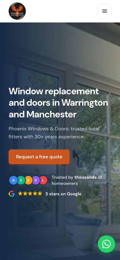Phoenix Windows and Doors website mobile view, warringtondoubleglazing.co.uk