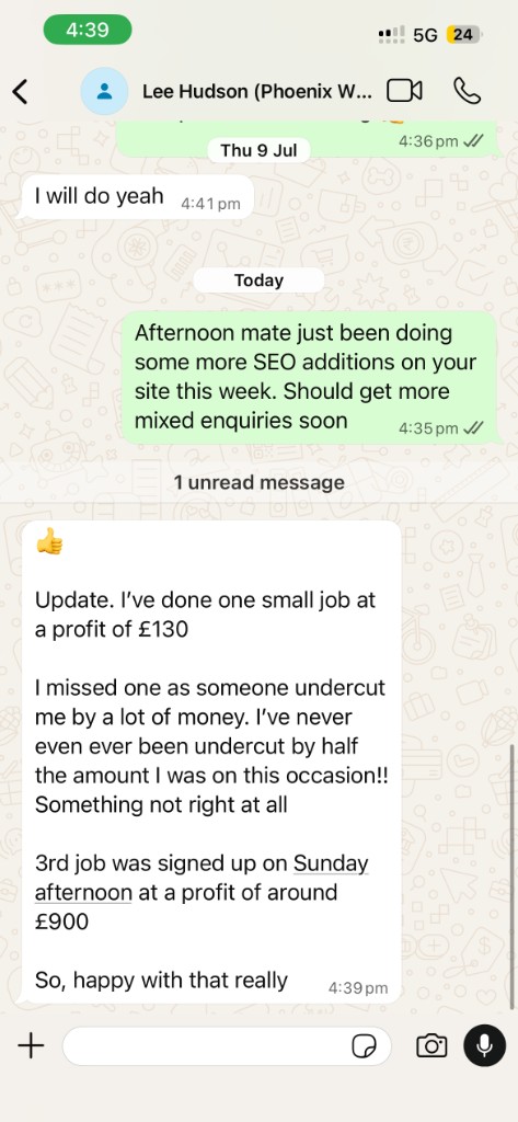 WhatsApp from Lee at Phoenix Windows and Doors confirming new work won after SEO work