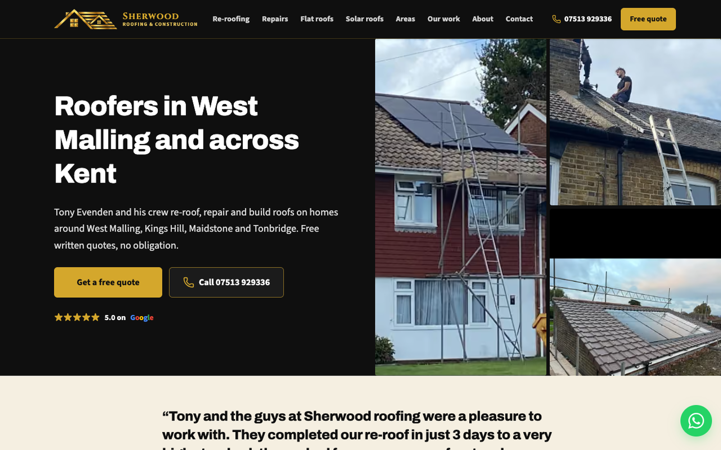 Sherwood Roofing and Construction website desktop view, sherwoodroofingkent.co.uk