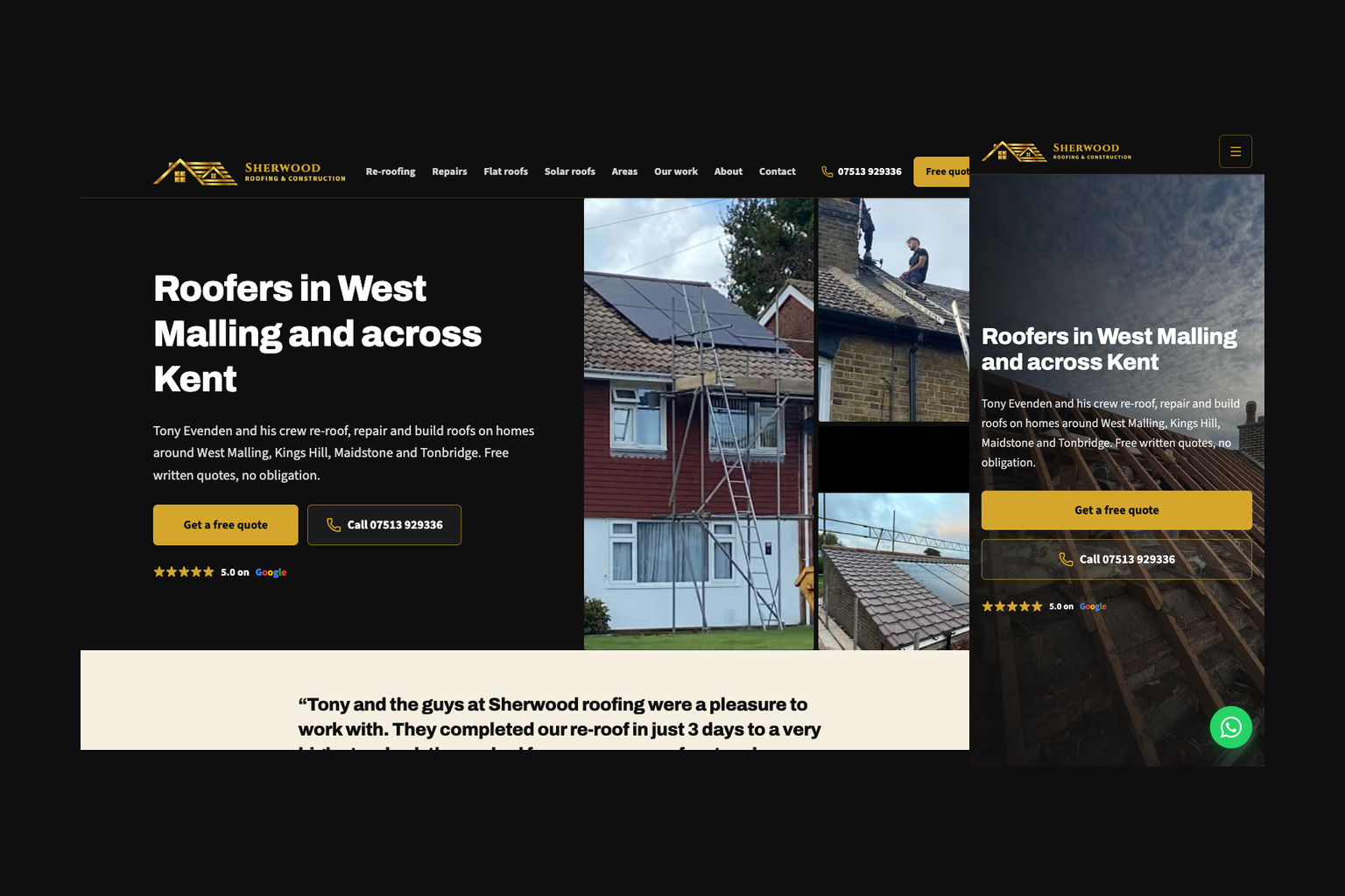 Sherwood Roofing and Construction website on desktop and mobile, sherwoodroofingkent.co.uk