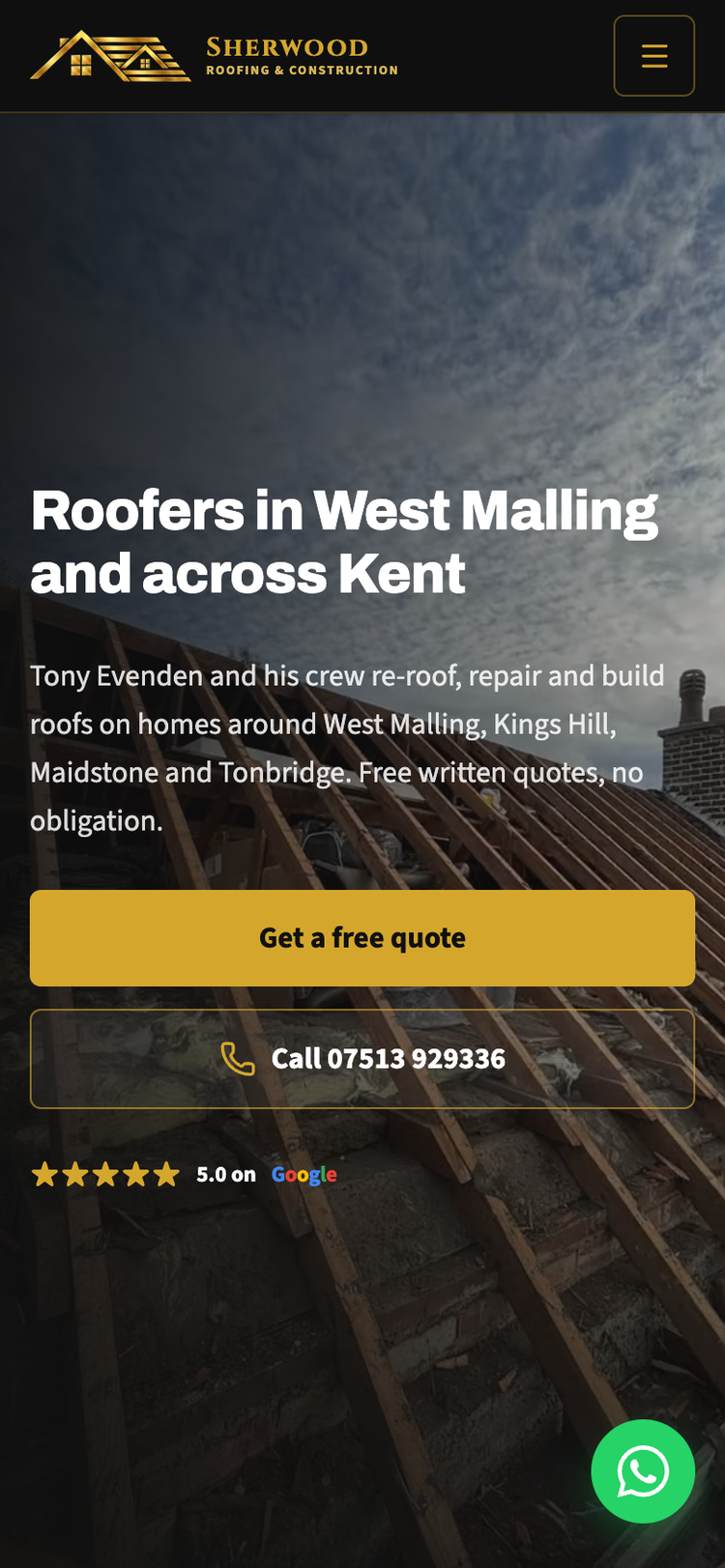 Sherwood Roofing and Construction website mobile view, sherwoodroofingkent.co.uk