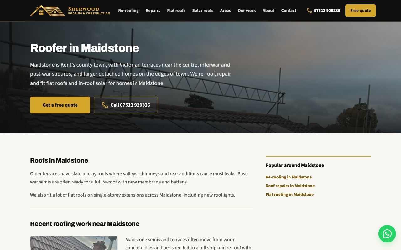 Roofer Maidstone area page on sherwoodroofingkent.co.uk